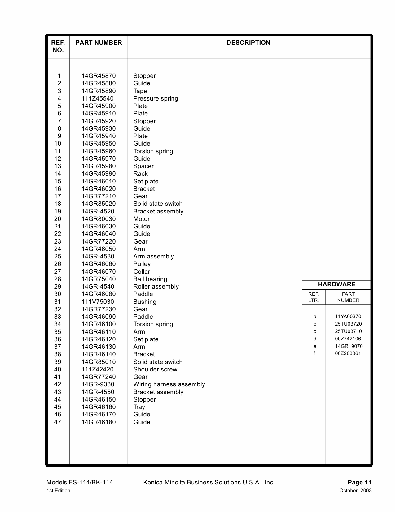 Konica-Minolta Options FS-114 BK-114 Parts Manual-5